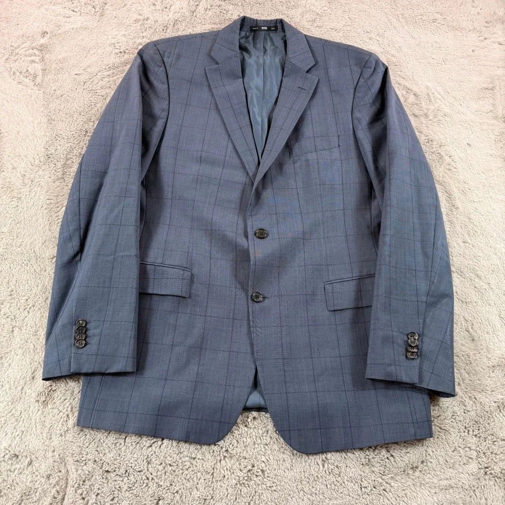 Hugo Boss Blue Plaid Paolini Movio‎ US Blazer Sport Coat Mens 42L Made in USA